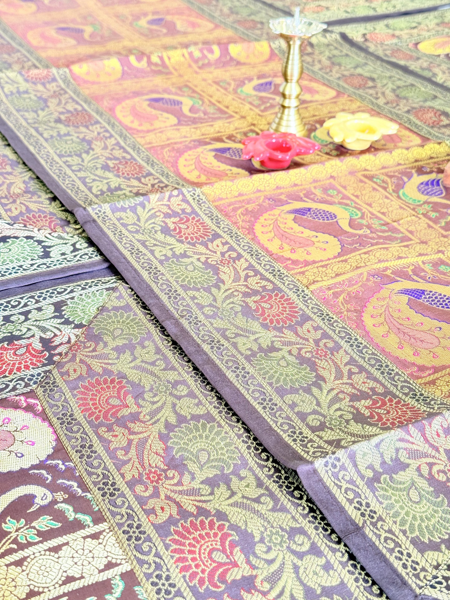 Banarasi Silk Decorative and Festive Dining Table Runner Set with 6 coasters and 6 Placemats