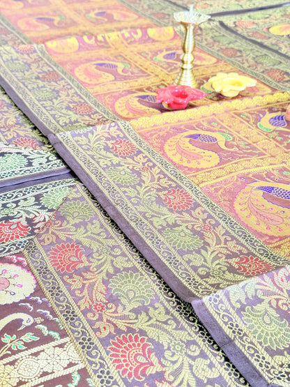 Banarasi Silk Decorative and Festive Dining Table Runner Set with 6 coasters and 6 Placemats