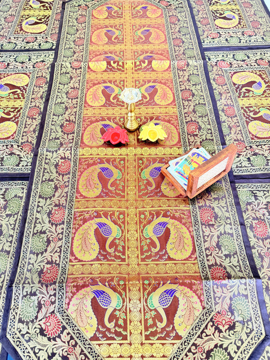 Banarasi Silk Decorative and Festive Dining Table Runner Set with 6 coasters and 6 Placemats