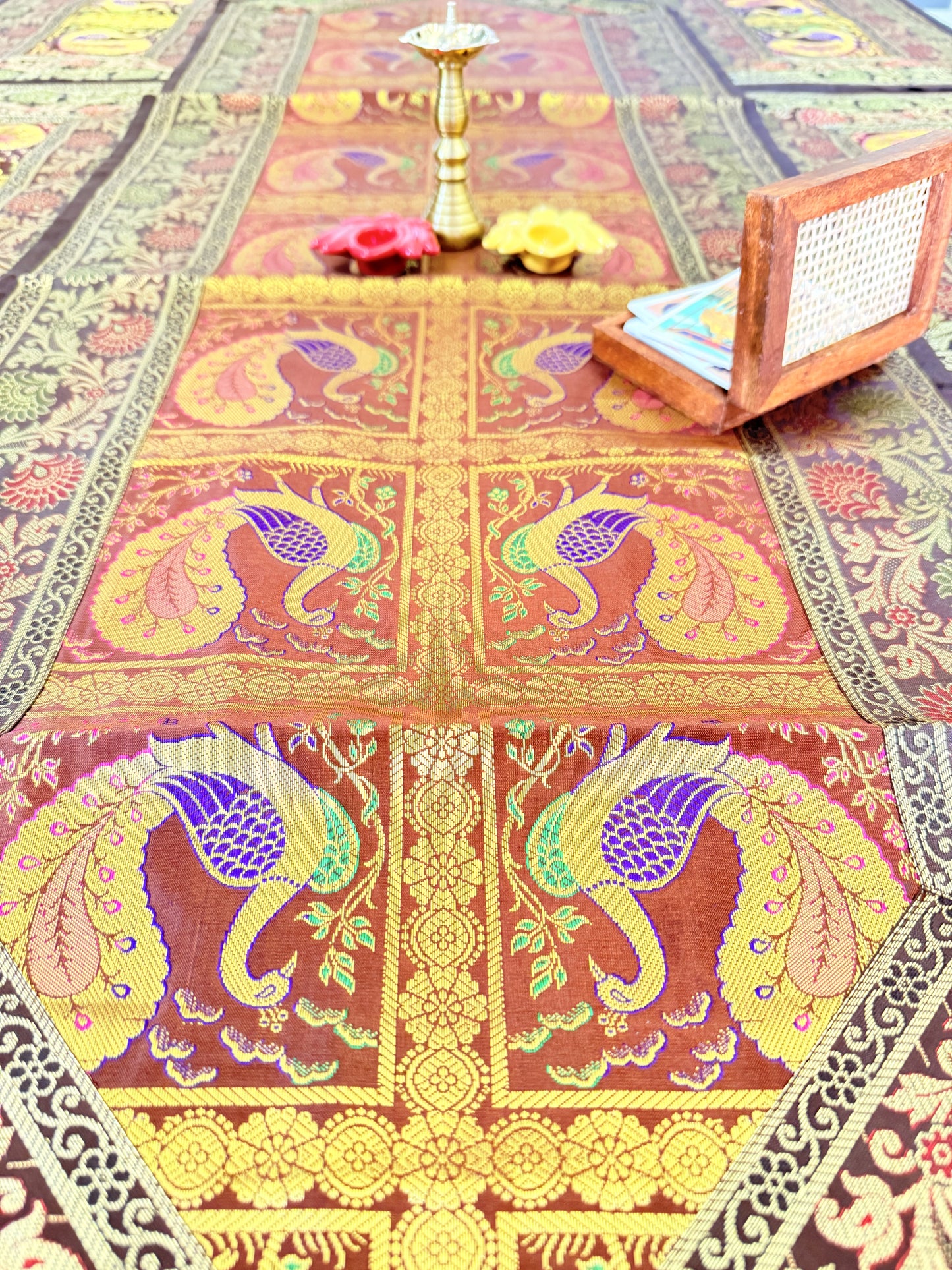 Banarasi Silk Decorative and Festive Dining Table Runner Set with 6 coasters and 6 Placemats