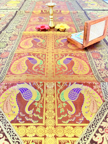 Banarasi Silk Decorative and Festive Dining Table Runner Set with 6 coasters and 6 Placemats