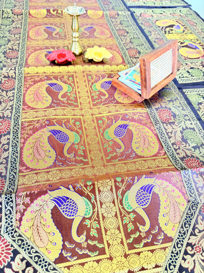 Banarasi Silk Decorative and Festive Dining Table Runner Set with 6 coasters and 6 Placemats