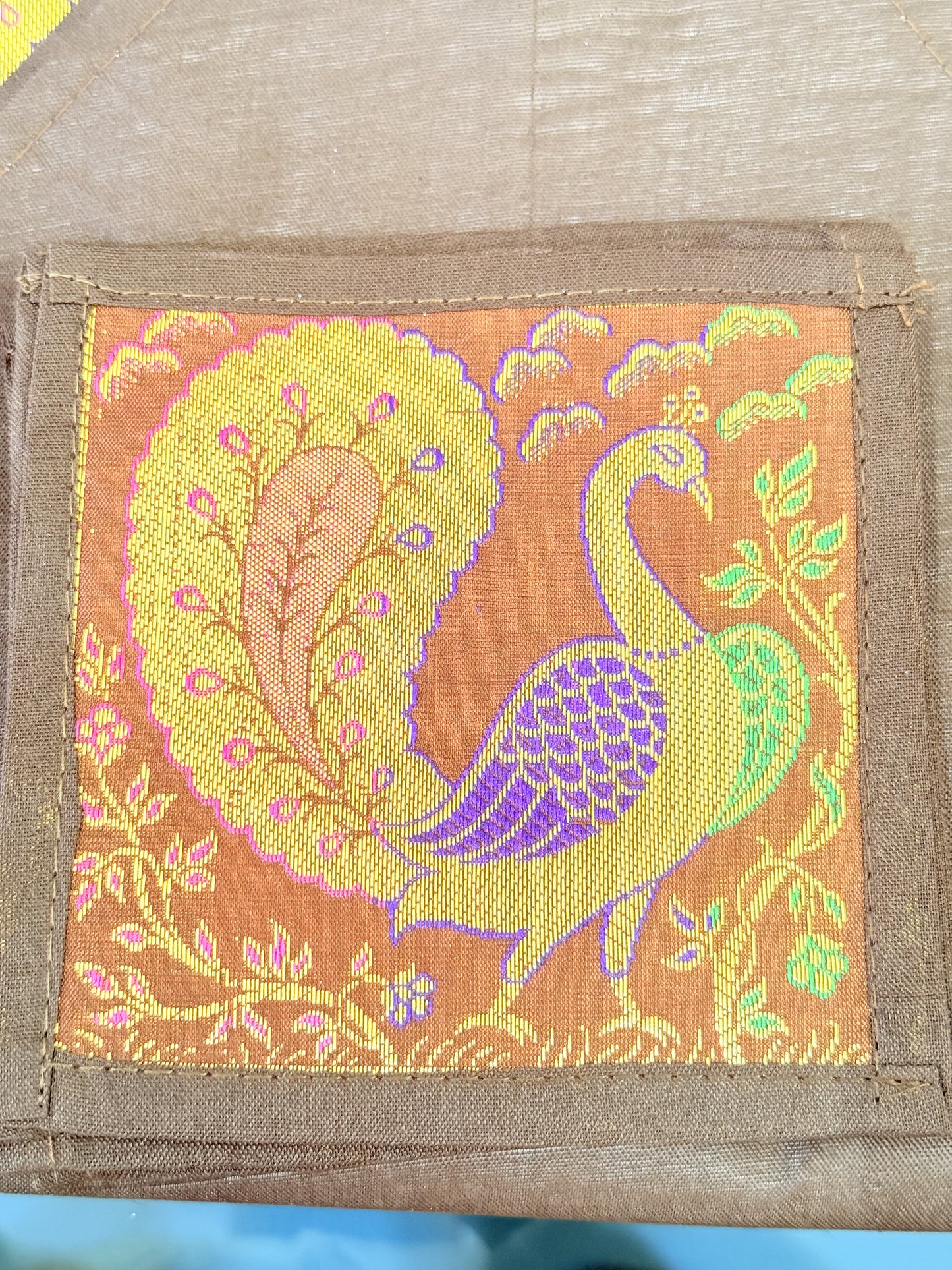 GOLD DECORATIVE FESTIVE BANARASI AILK RUNNER MAT AND COASTER SET