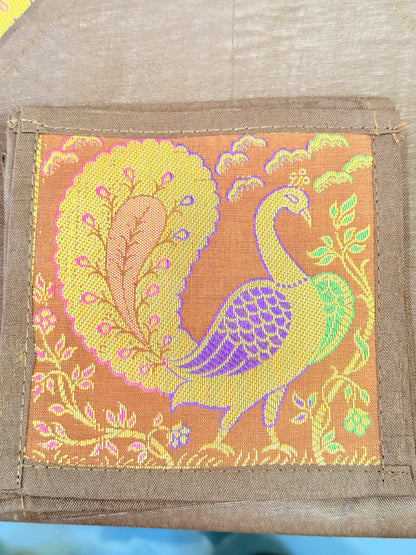 GOLD DECORATIVE FESTIVE BANARASI AILK RUNNER MAT AND COASTER SET