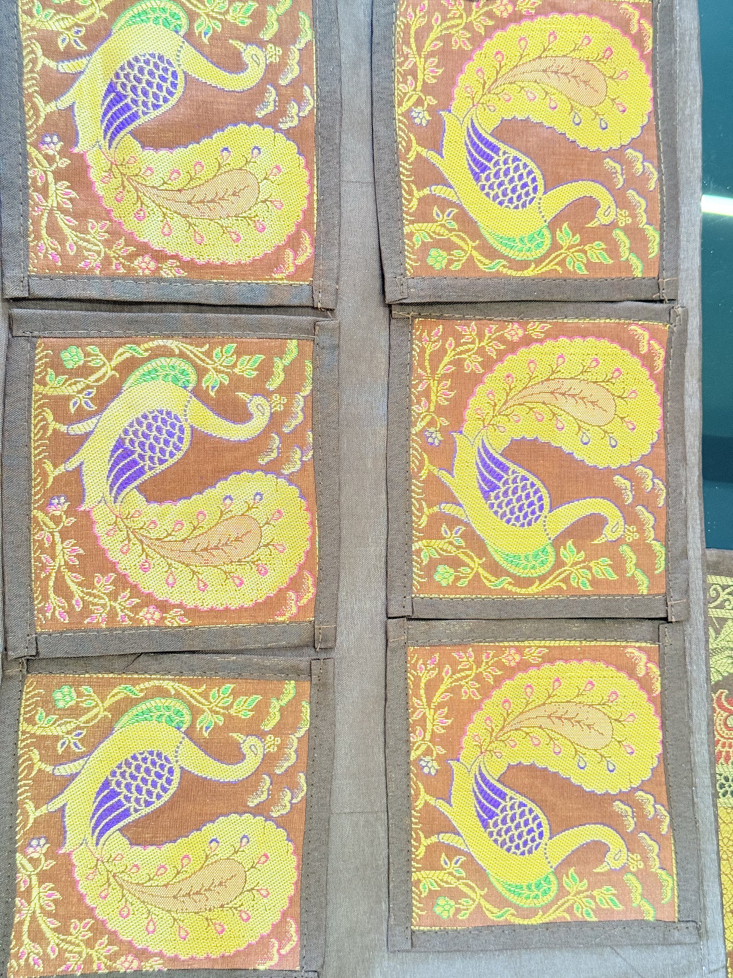GOLD DECORATIVE FESTIVE BANARASI AILK RUNNER MAT AND COASTER SET