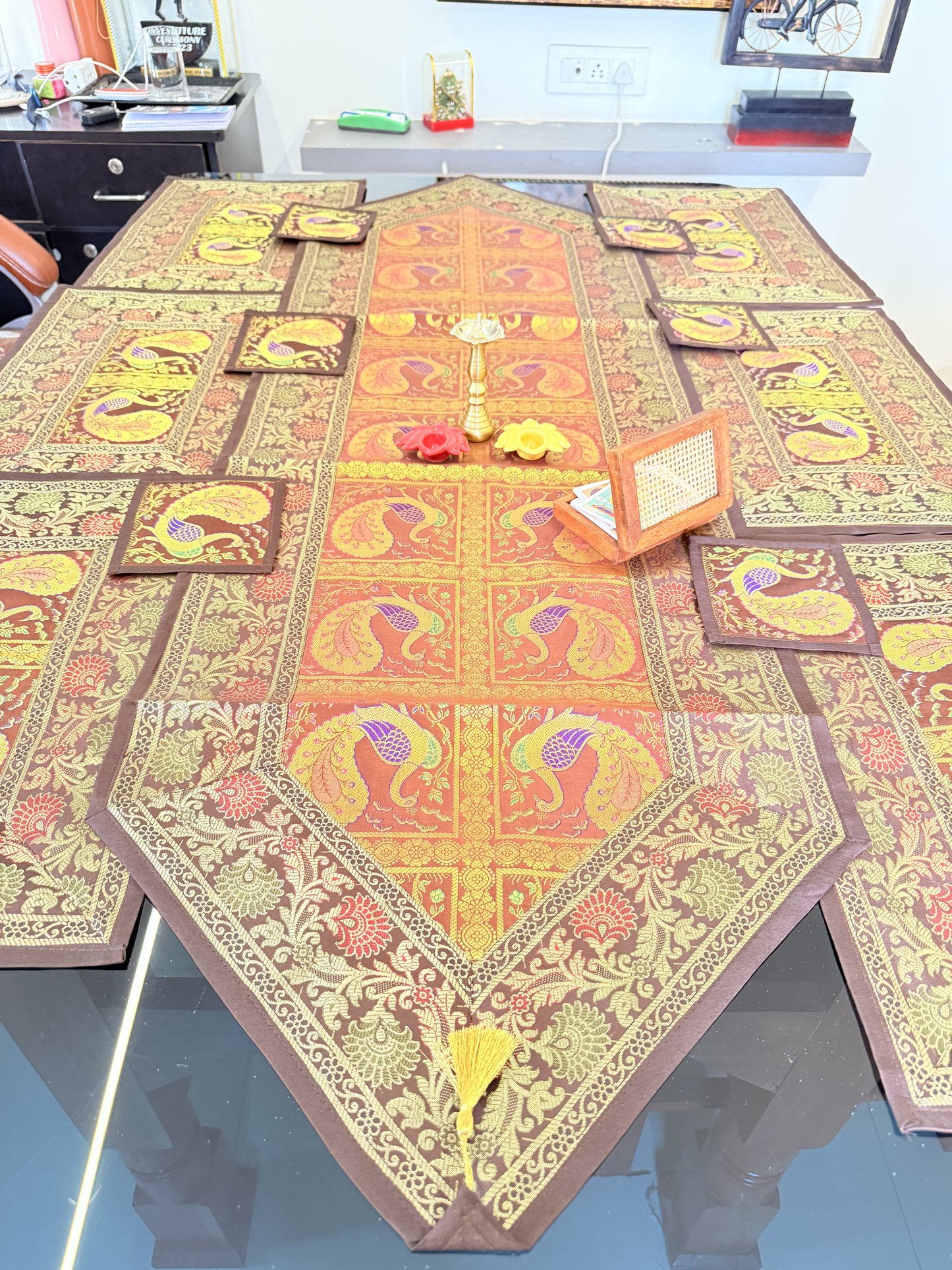 Banarasi Silk Decorative and Festive Dining Table Runner Set with 6 coasters and 6 Placemats