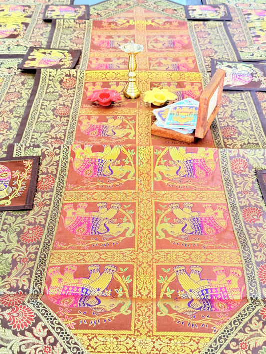 GOLD DECORATIVE FESTIVE BANARASI AILK RUNNER MAT AND COASTER SET