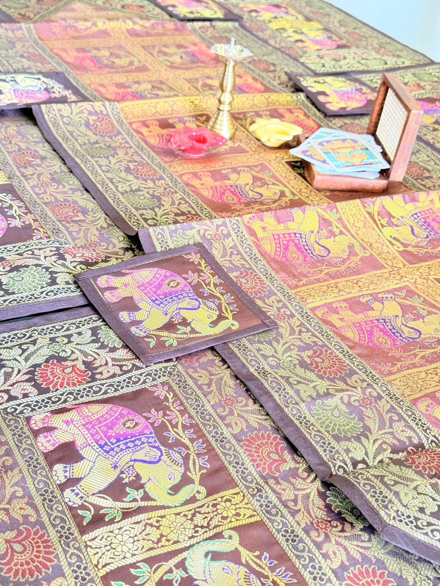 GOLD DECORATIVE FESTIVE BANARASI AILK RUNNER MAT AND COASTER SET