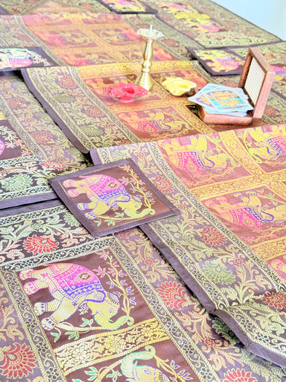GOLD DECORATIVE FESTIVE BANARASI AILK RUNNER MAT AND COASTER SET