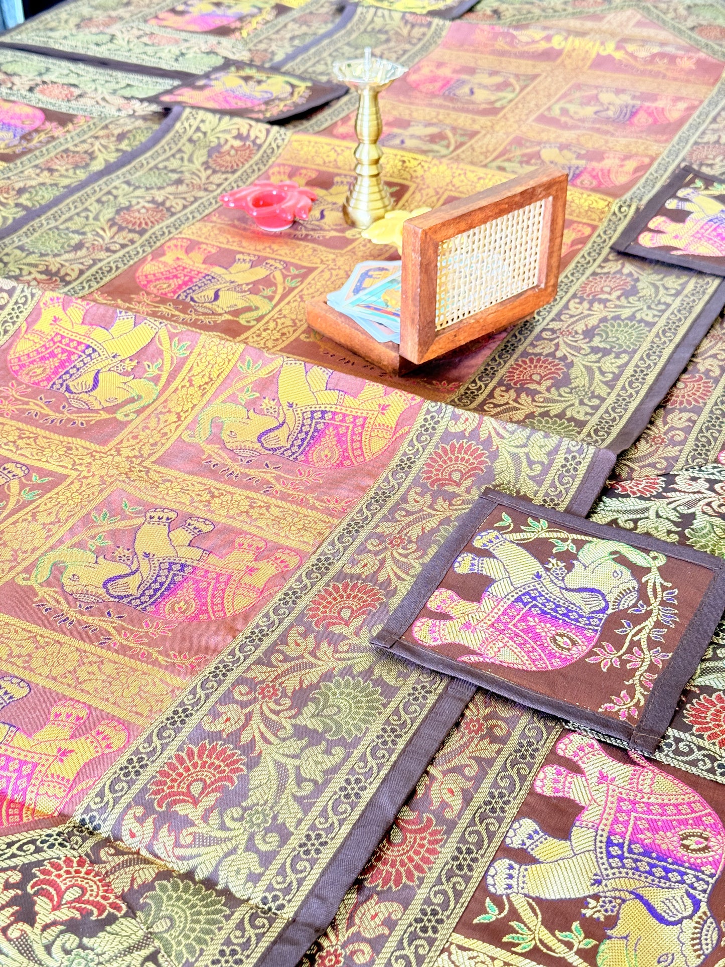 GOLD DECORATIVE FESTIVE BANARASI AILK RUNNER MAT AND COASTER SET
