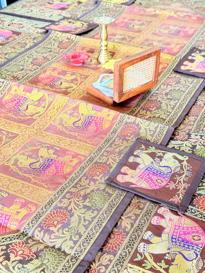 GOLD DECORATIVE FESTIVE BANARASI AILK RUNNER MAT AND COASTER SET