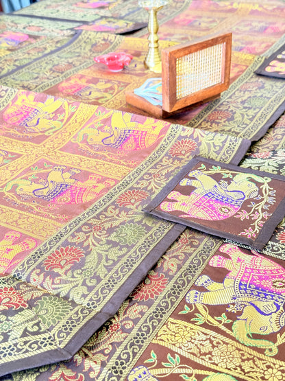 GOLD DECORATIVE FESTIVE BANARASI AILK RUNNER MAT AND COASTER SET