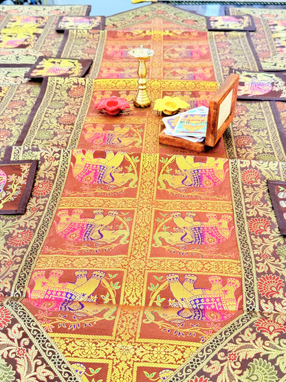 GOLD DECORATIVE FESTIVE BANARASI AILK RUNNER MAT AND COASTER SET