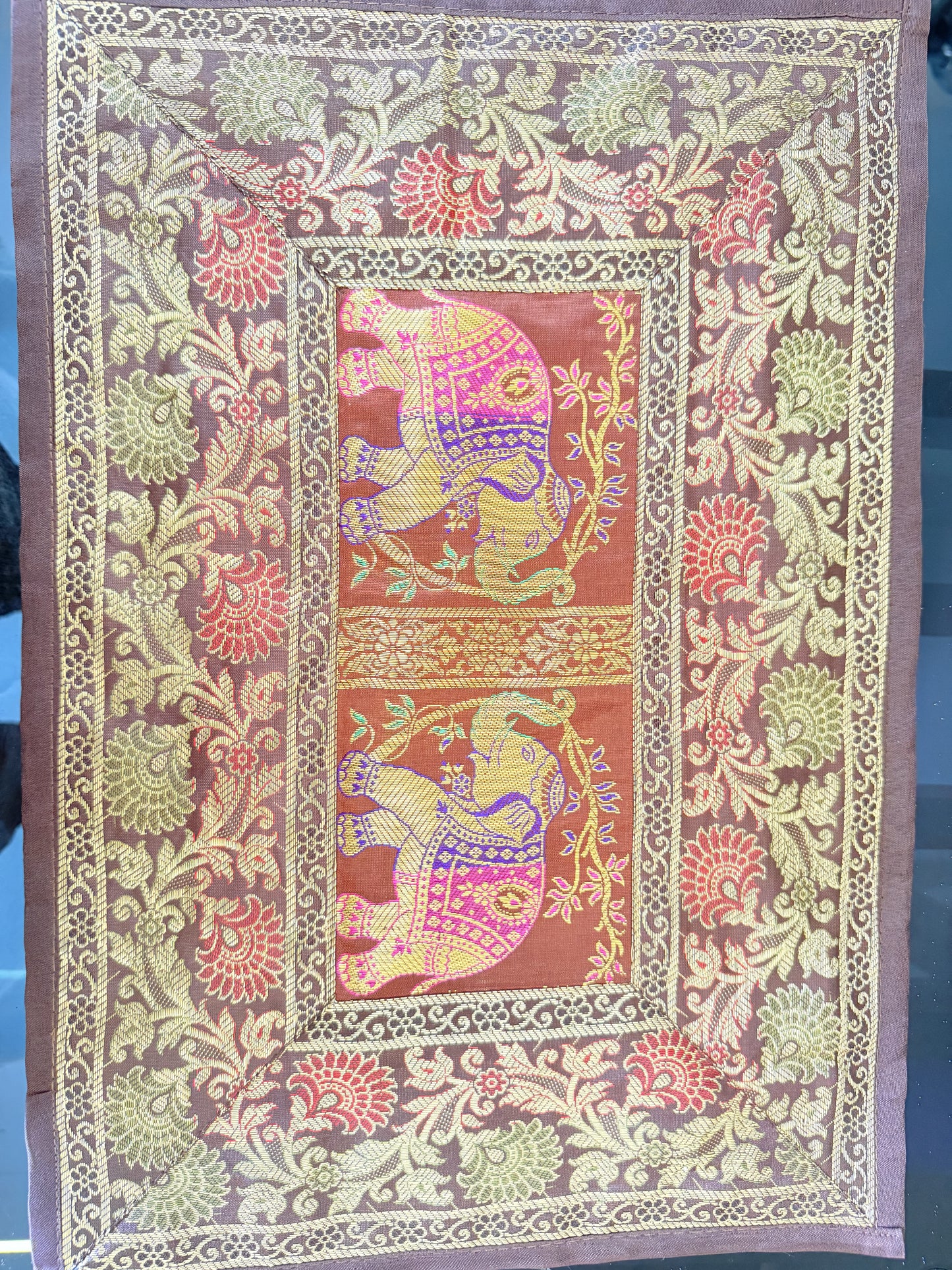 GOLD DECORATIVE FESTIVE BANARASI AILK RUNNER MAT AND COASTER SET