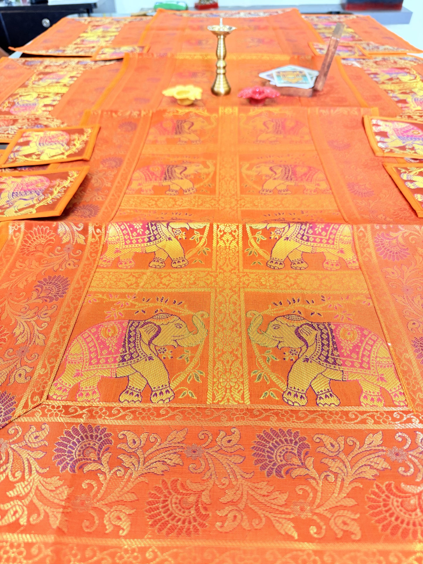 Orange Banarasi Silk Brocade Table Runner and Mat with Coaster Set of 6
