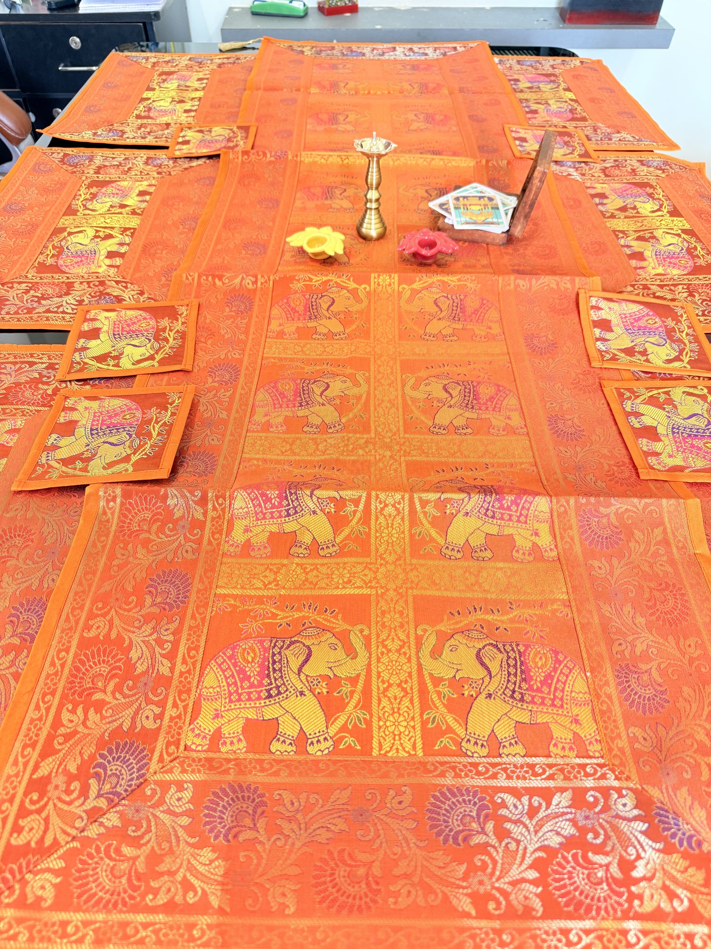 Orange Banarasi Silk Brocade Table Runner and Mat with Coaster Set of 6
