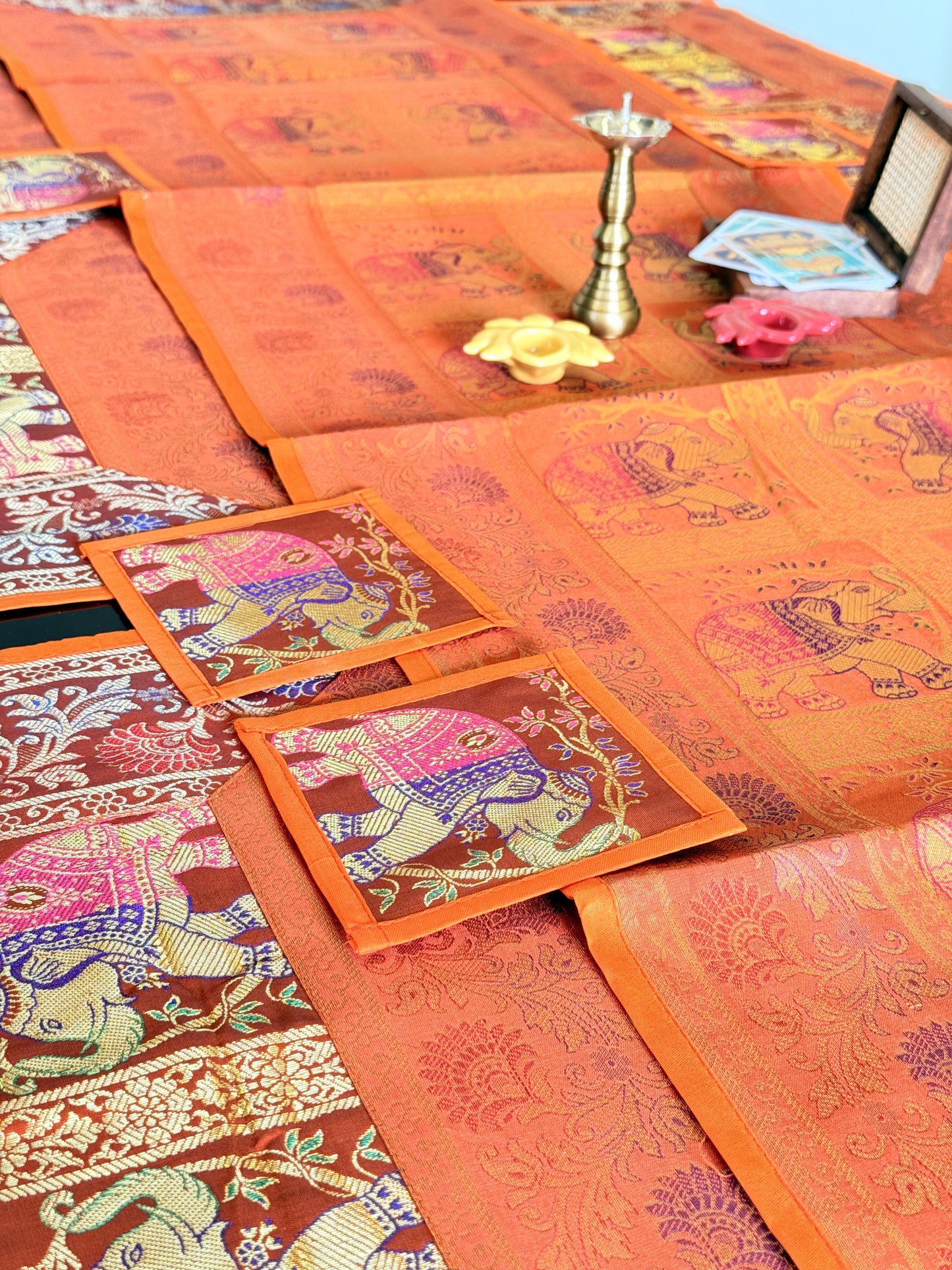 Orange Banarasi Silk Brocade Table Runner and Mat with Coaster Set of 6