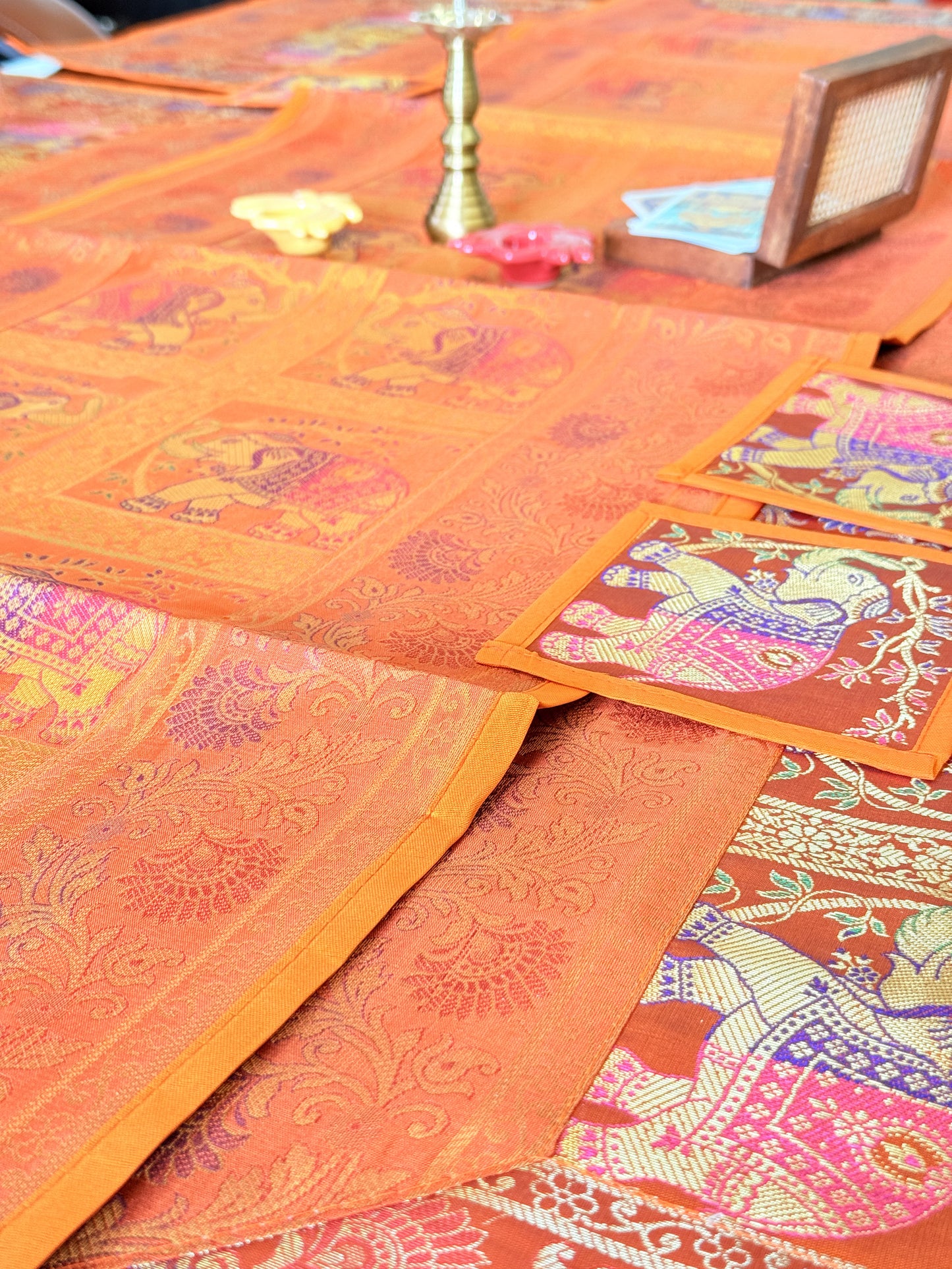 Orange Banarasi Silk Brocade Table Runner and Mat with Coaster Set of 6