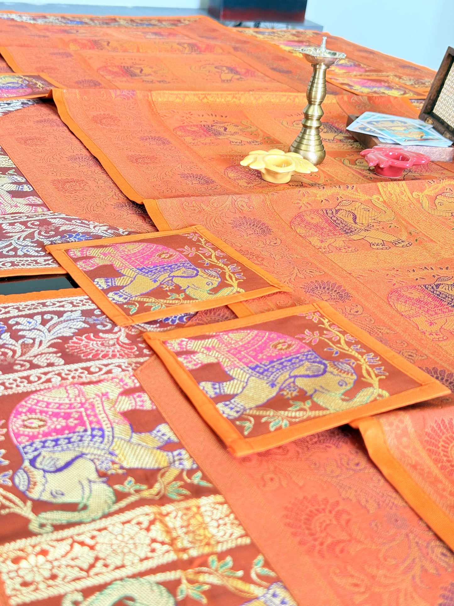 Orange Banarasi Silk Brocade Table Runner and Mat with Coaster Set of 6