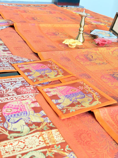 Orange Banarasi Silk Brocade Table Runner and Mat with Coaster Set of 6