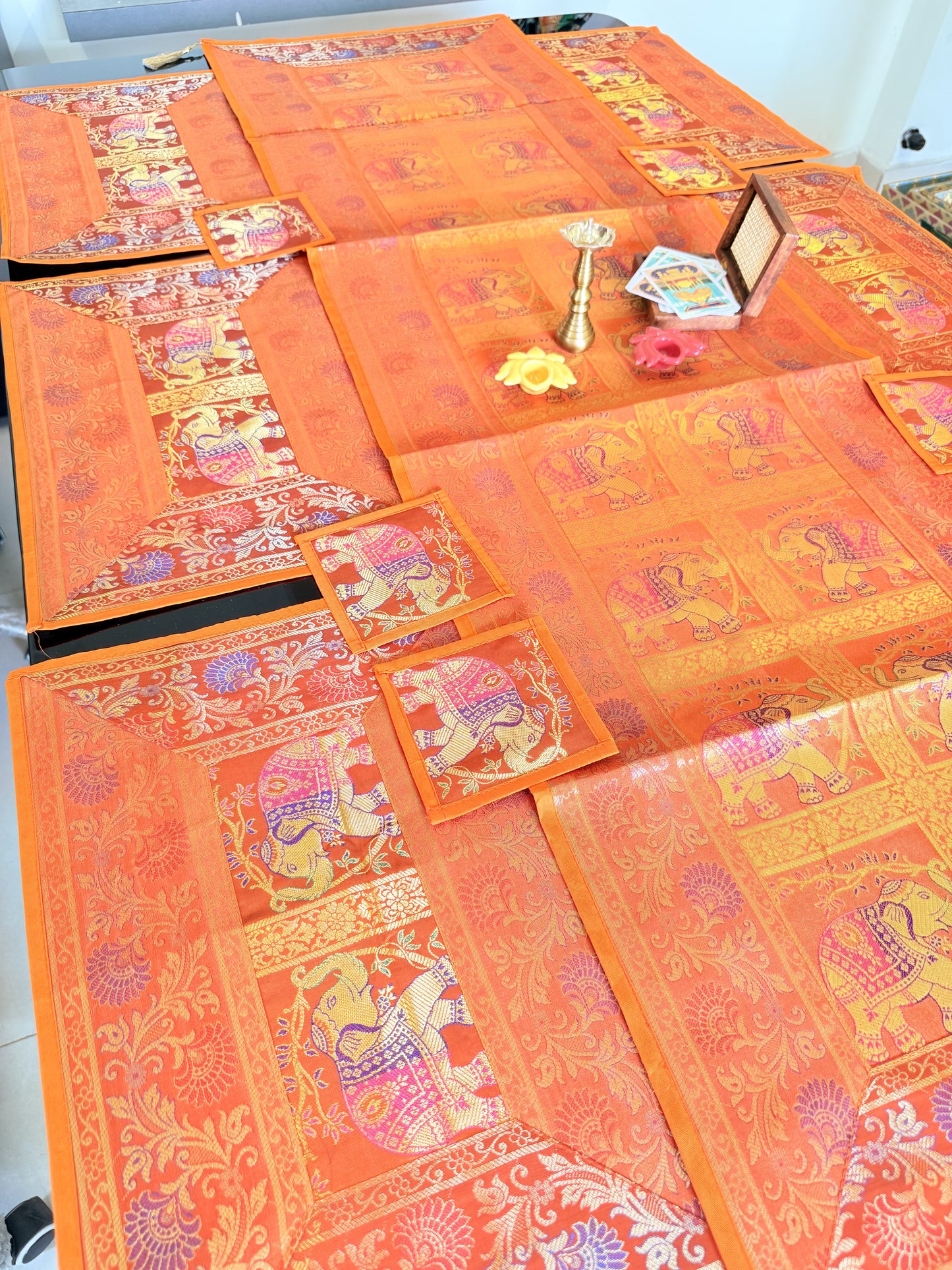 Orange Banarasi Silk Brocade Table Runner and Mat with Coaster Set of 6