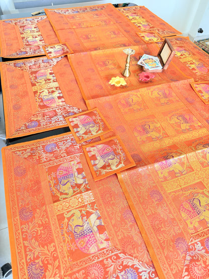 Orange Banarasi Silk Brocade Table Runner and Mat with Coaster Set of 6