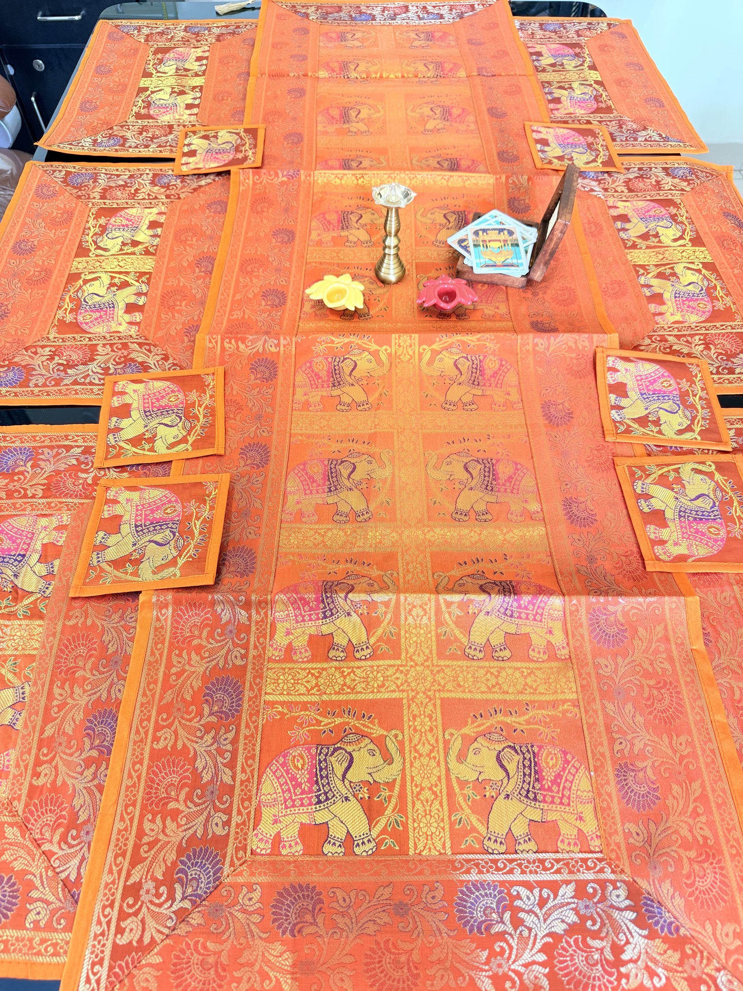 Orange Banarasi Silk Brocade Table Runner and Mat with Coaster Set of 6