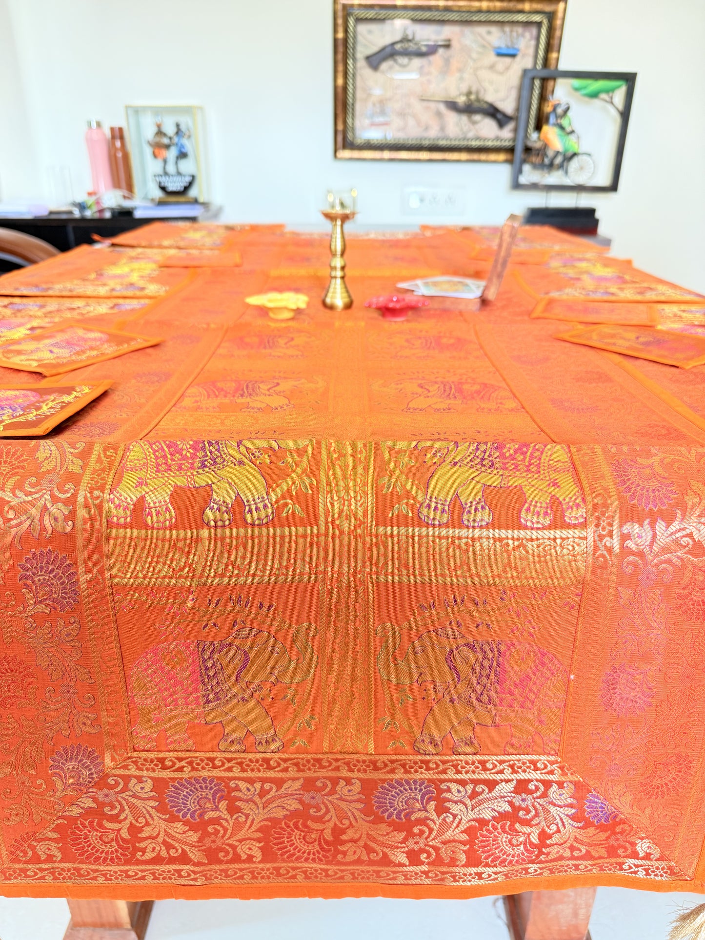 Orange Banarasi Silk Brocade Table Runner and Mat with Coaster Set of 6
