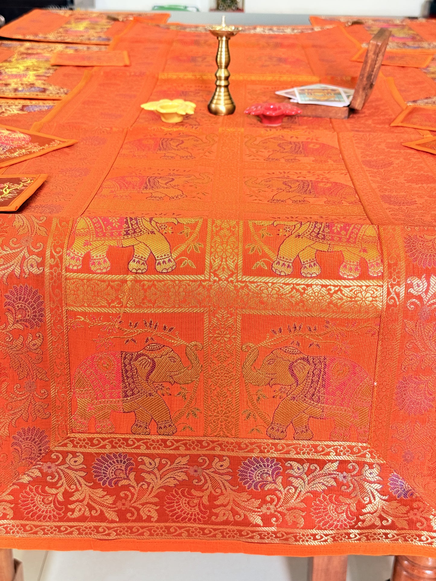 Orange Banarasi Silk Brocade Table Runner and Mat with Coaster Set of 6