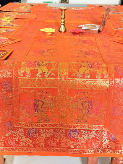 Orange Banarasi Silk Brocade Table Runner and Mat with Coaster Set of 6