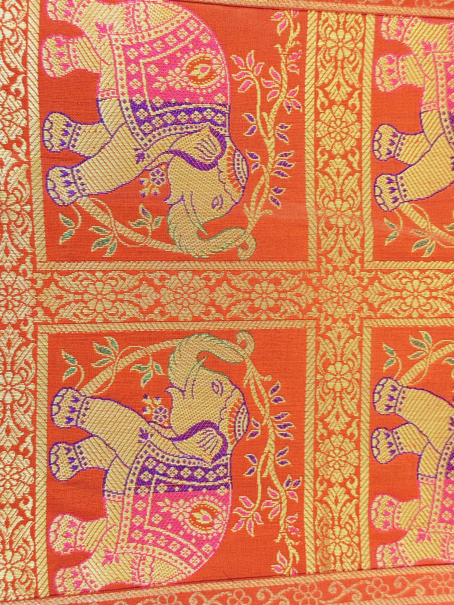 Orange Banarasi Silk Brocade Table Runner and Mat with Coaster Set of 6