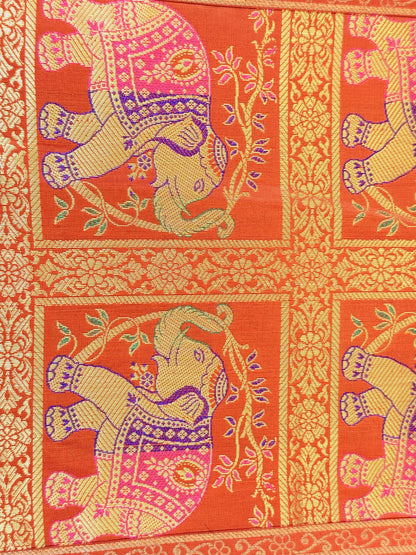 Orange Banarasi Silk Brocade Table Runner and Mat with Coaster Set of 6