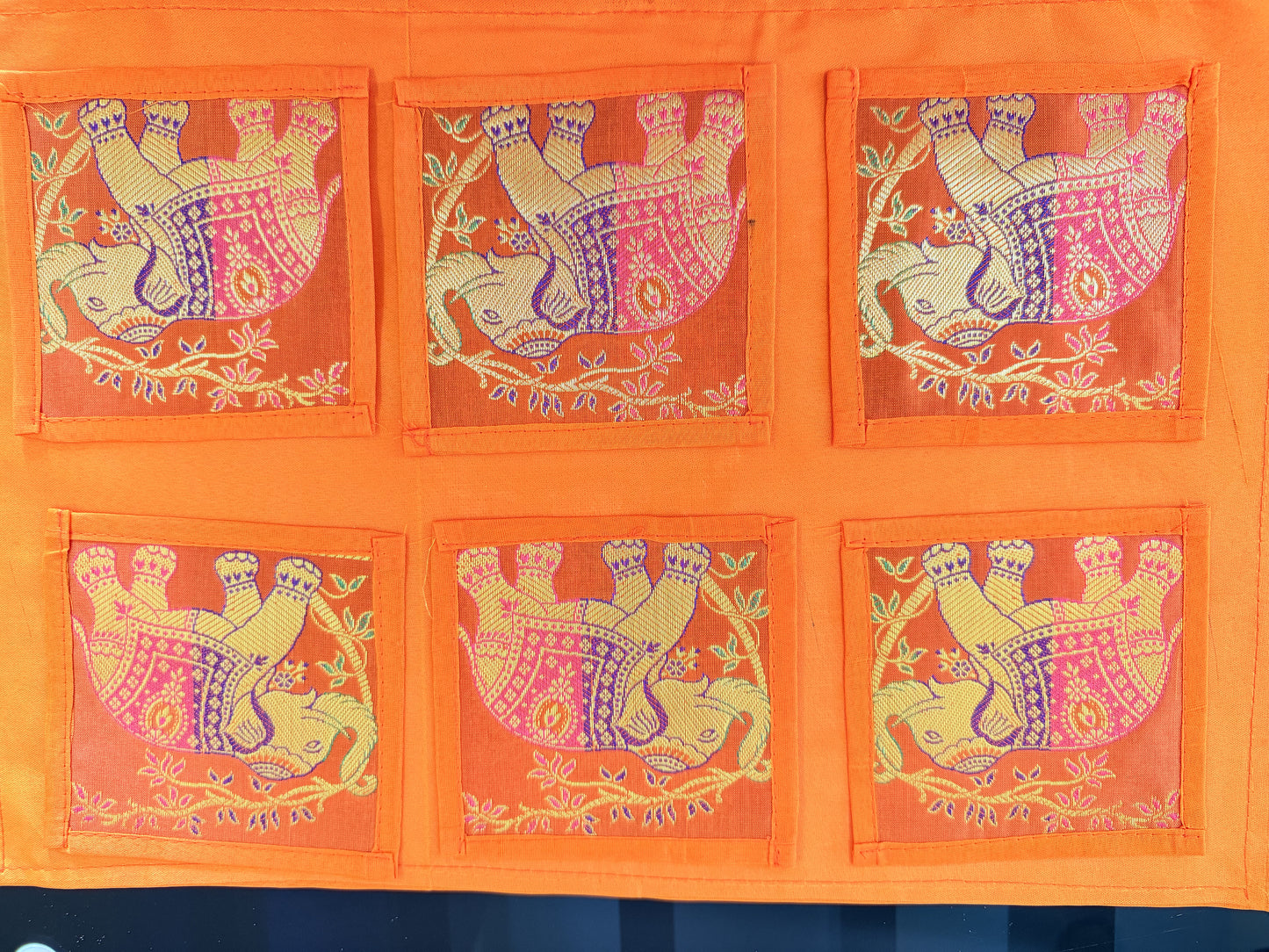 Orange Banarasi Silk Brocade Table Runner and Mat with Coaster Set of 6