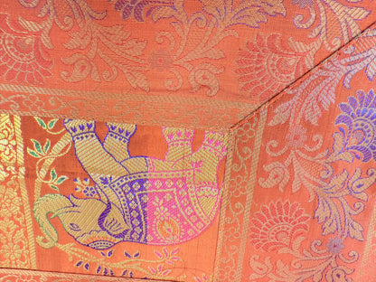 Orange Banarasi Silk Brocade Table Runner and Mat with Coaster Set of 6