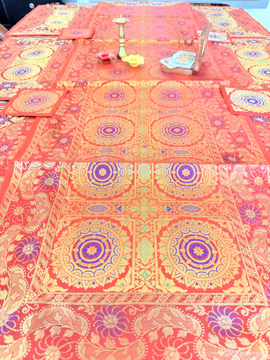 Red  Banarasi Silk Decorative Festive Runner Mat and Coaster Set