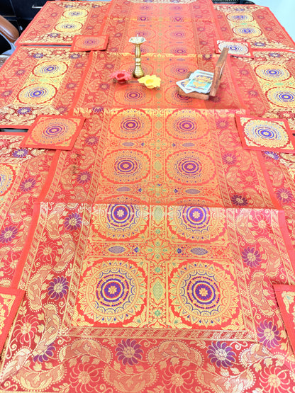 Red  Banarasi Silk Decorative Festive Runner Mat and Coaster Set