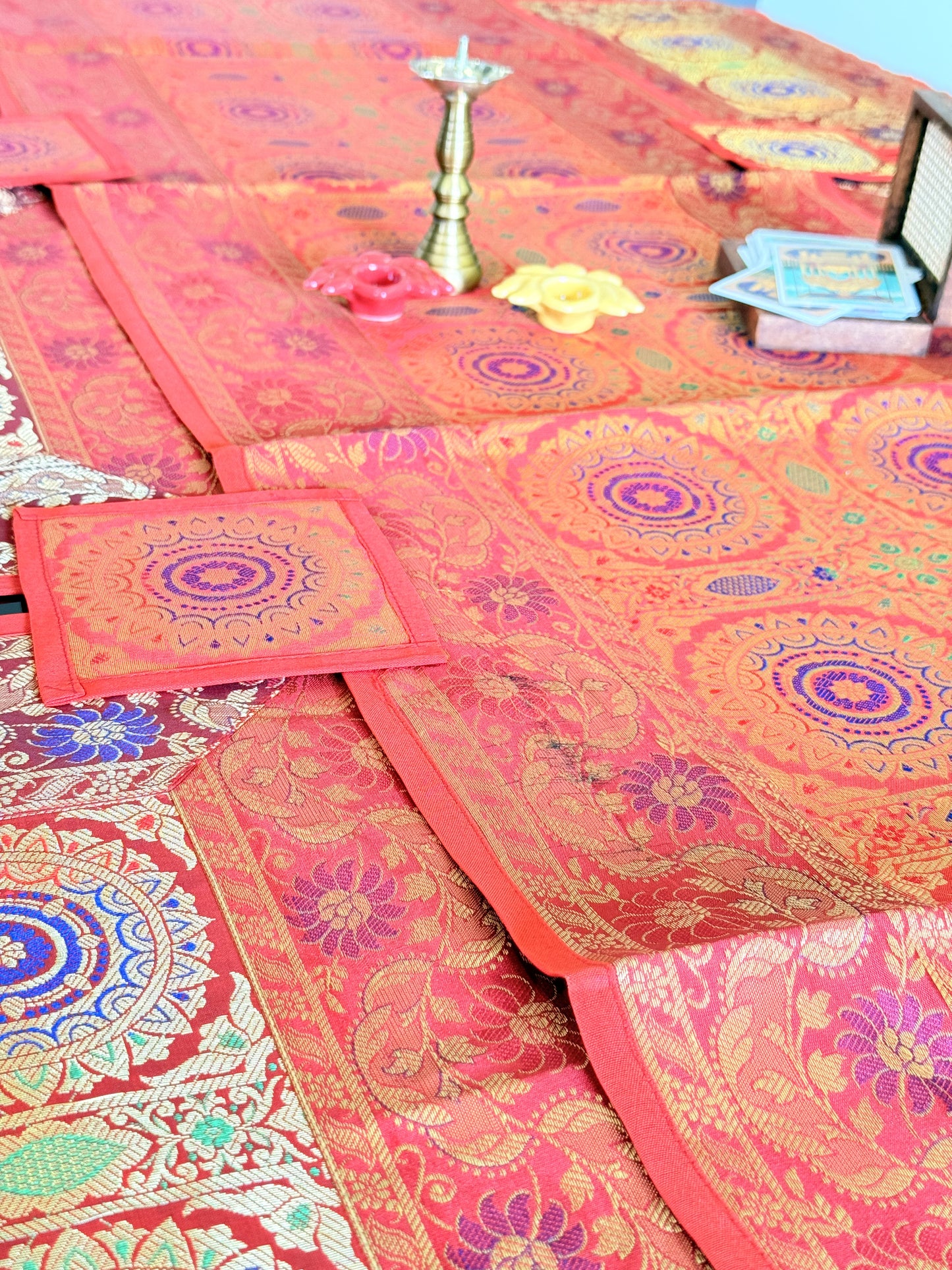 Red  Banarasi Silk Decorative Festive Runner Mat and Coaster Set
