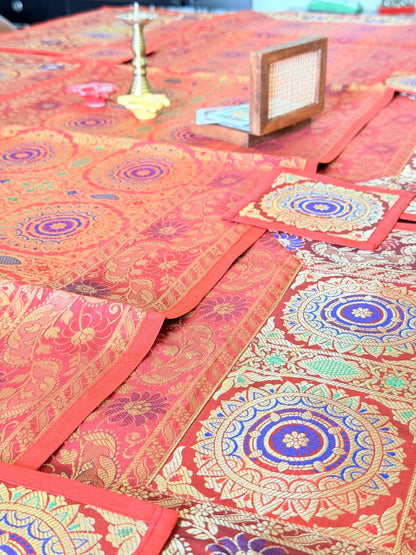 Red  Banarasi Silk Decorative Festive Runner Mat and Coaster Set