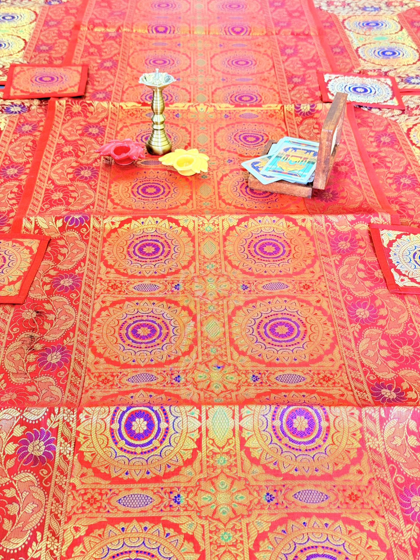 Red  Banarasi Silk Decorative Festive Runner Mat and Coaster Set