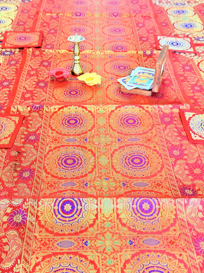 Red  Banarasi Silk Decorative Festive Runner Mat and Coaster Set