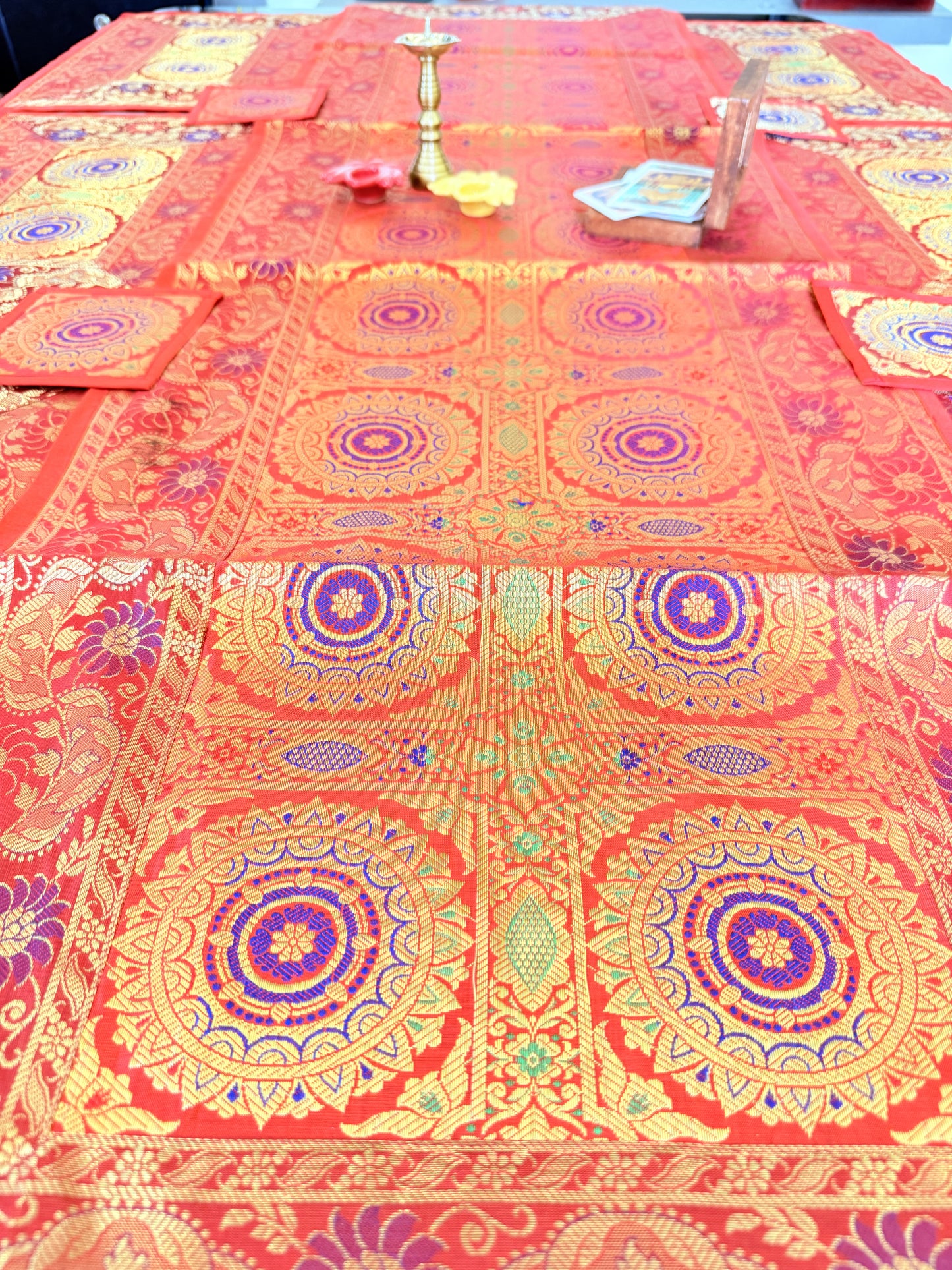 Red  Banarasi Silk Decorative Festive Runner Mat and Coaster Set