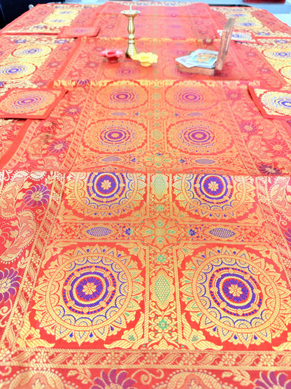 Red  Banarasi Silk Decorative Festive Runner Mat and Coaster Set