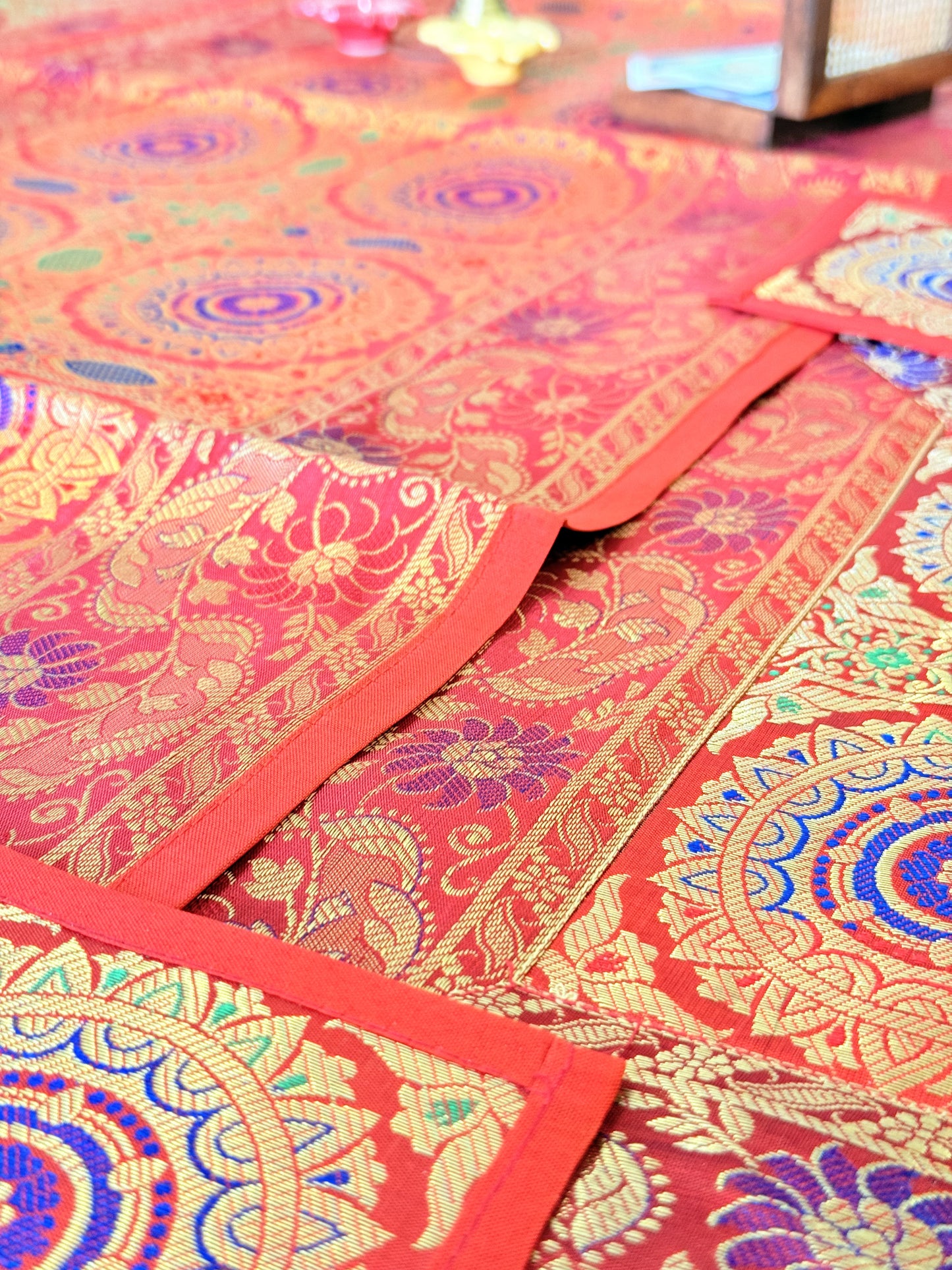 Red  Banarasi Silk Decorative Festive Runner Mat and Coaster Set
