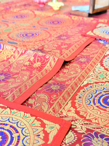 Red  Banarasi Silk Decorative Festive Runner Mat and Coaster Set