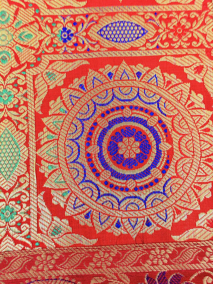 Red  Banarasi Silk Decorative Festive Runner Mat and Coaster Set