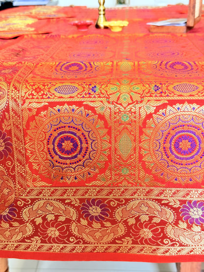 Red  Banarasi Silk Decorative Festive Runner Mat and Coaster Set