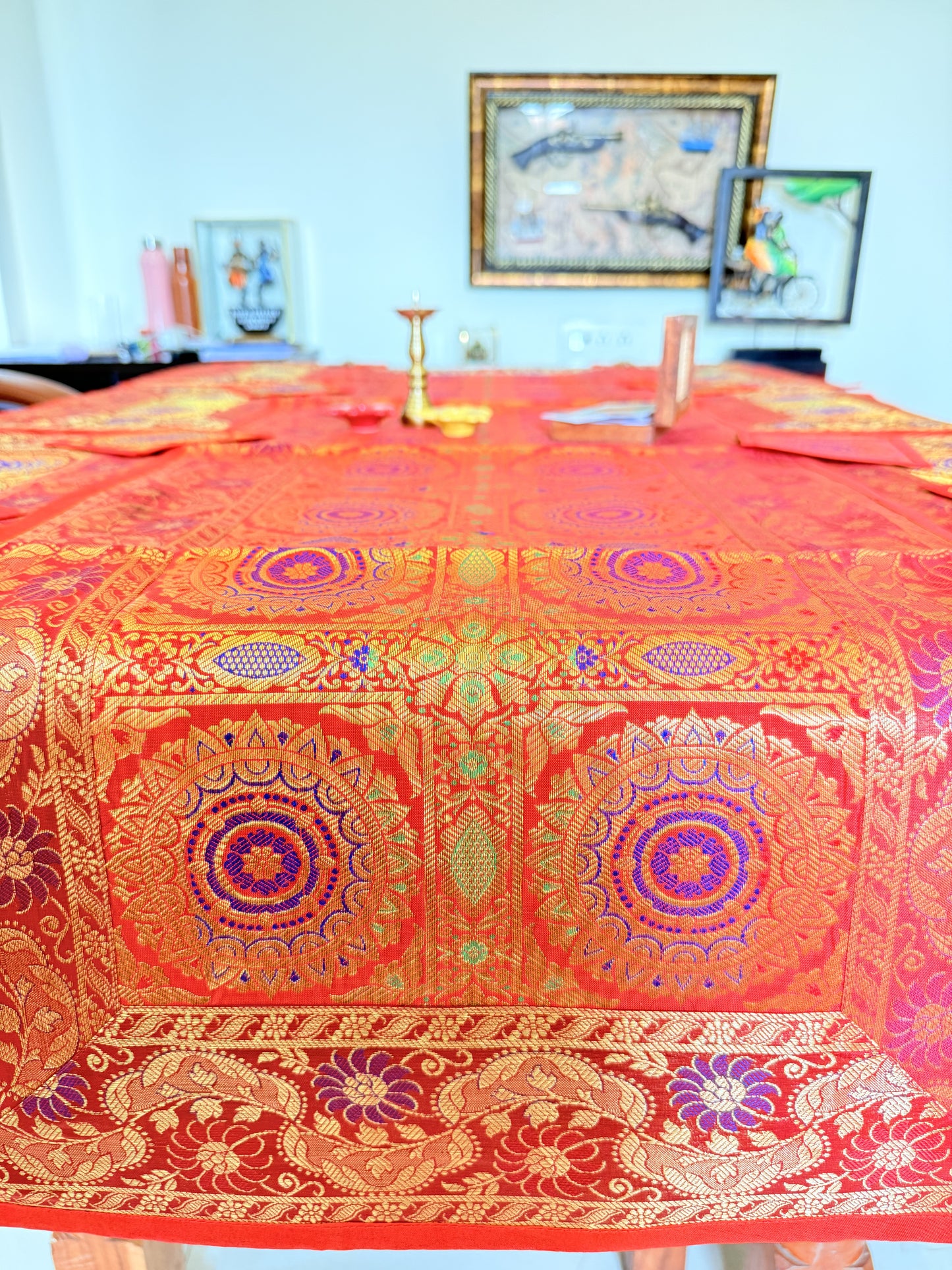 Red  Banarasi Silk Decorative Festive Runner Mat and Coaster Set