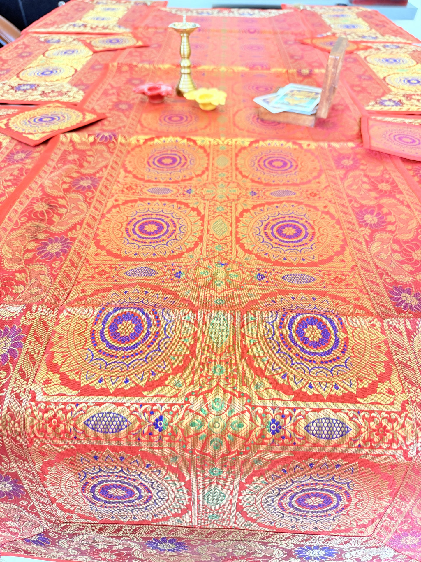 Red  Banarasi Silk Decorative Festive Runner Mat and Coaster Set