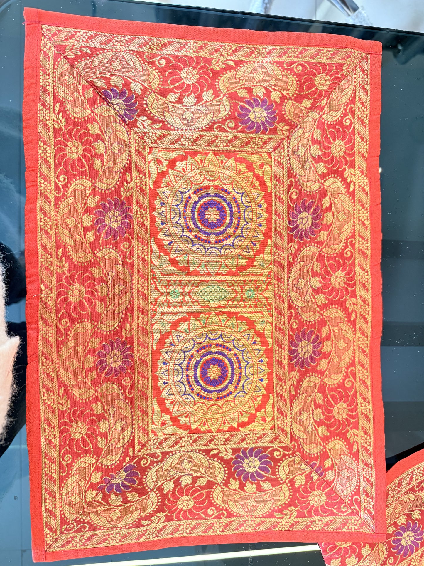 Red  Banarasi Silk Decorative Festive Runner Mat and Coaster Set