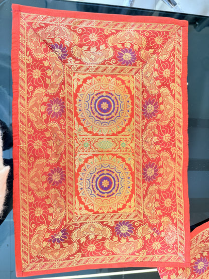 Red  Banarasi Silk Decorative Festive Runner Mat and Coaster Set